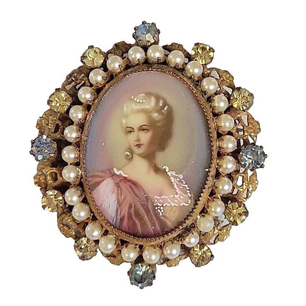 Original By Robert Vintage Rhinestone Pearl Cameo Pendant  Brooch Pin Signed